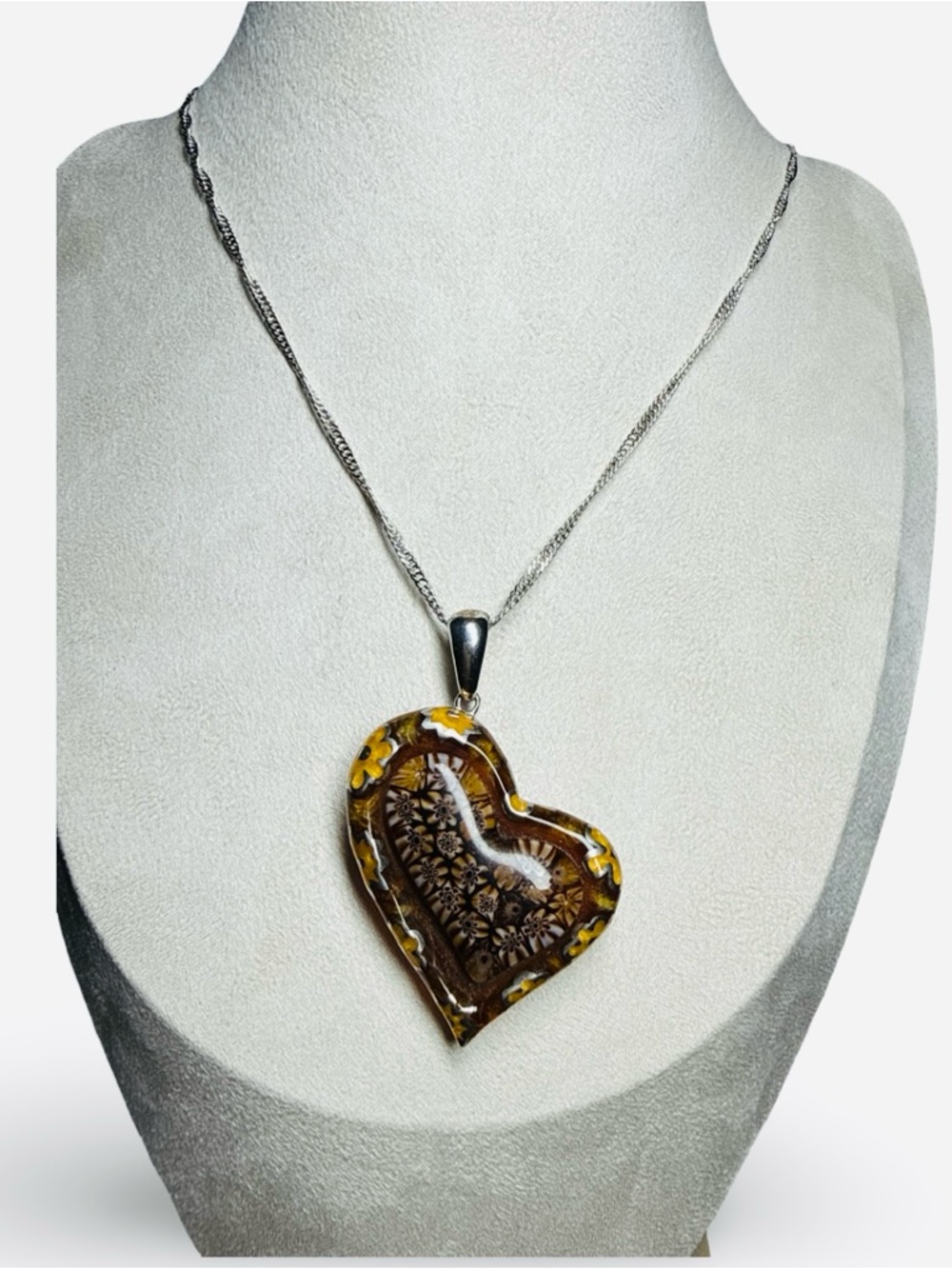 Signed Alan K Murano Art Glass Heart Pendant Vintage Venetian Style 925sterling